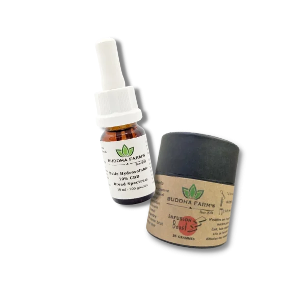 Packung mit 1 Aufguss Ihrer Wahl und 1 wasserlöslichem CBD-Öl 10 %