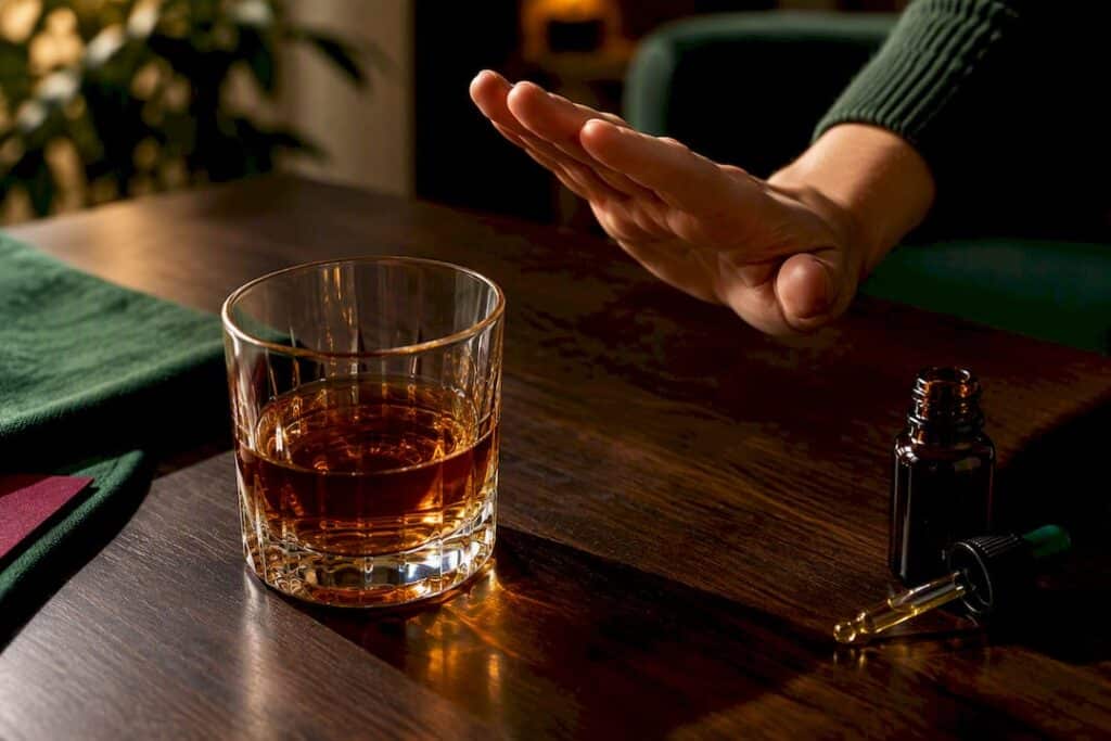 Verre d’alcool et flacon de CBD recadrés