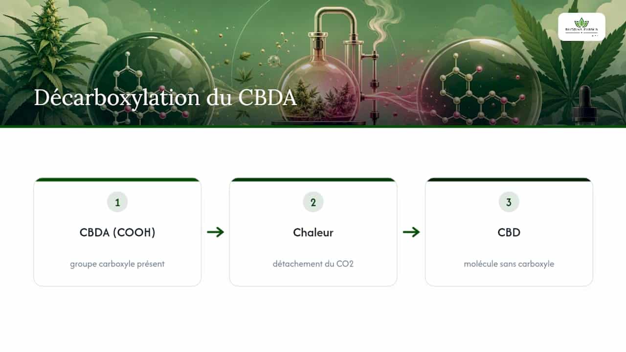 Schéma de transformation du CBDA en CBD