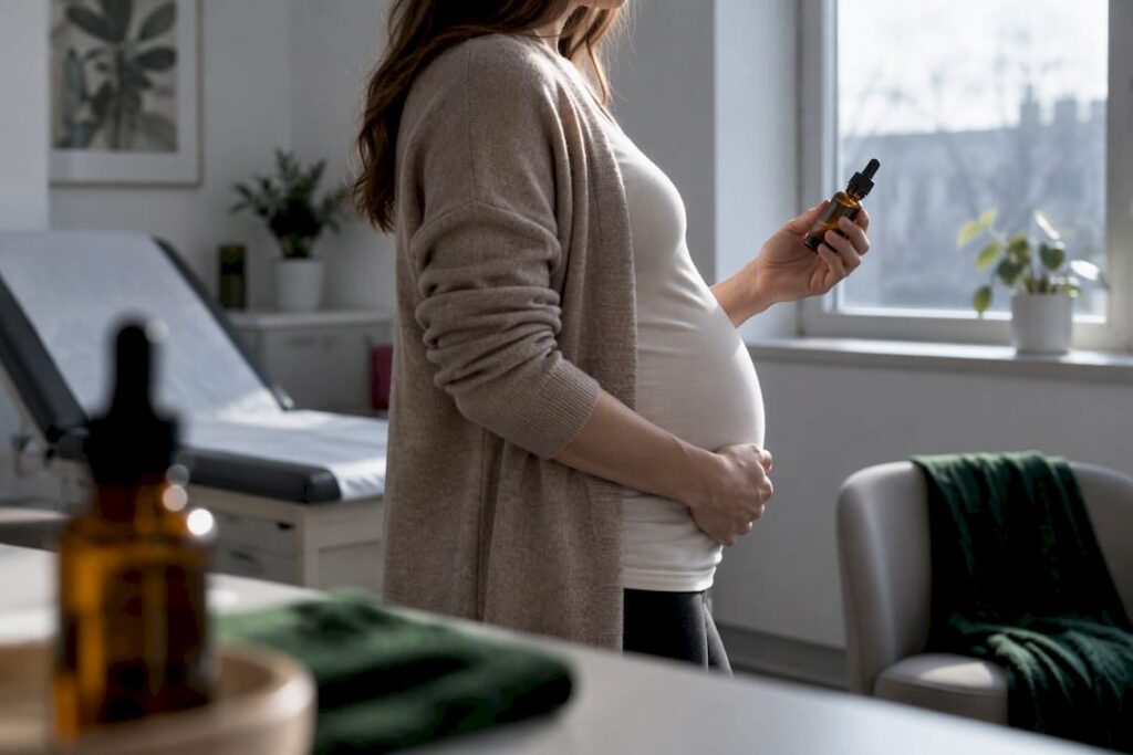 Femme enceinte devant un flacon de CBD non identifié