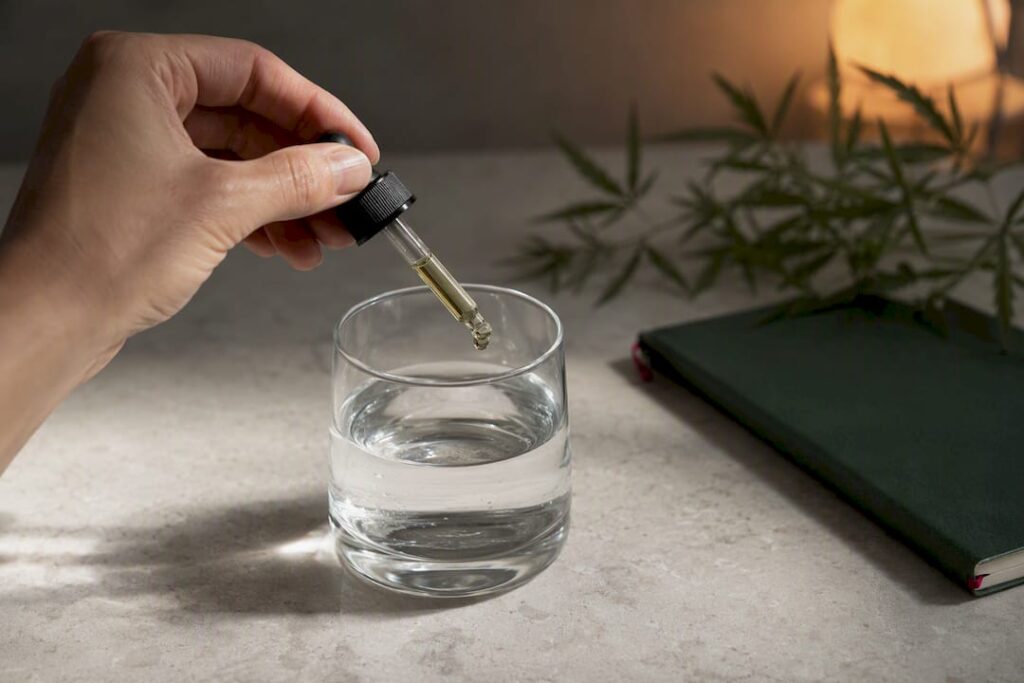 Un compte-gouttes de CBD à côté d’un verre d’eau