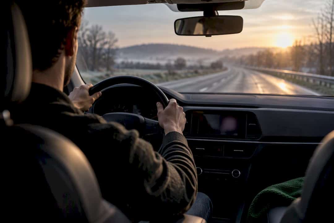 Conducteur tenant le volant sur une route en France