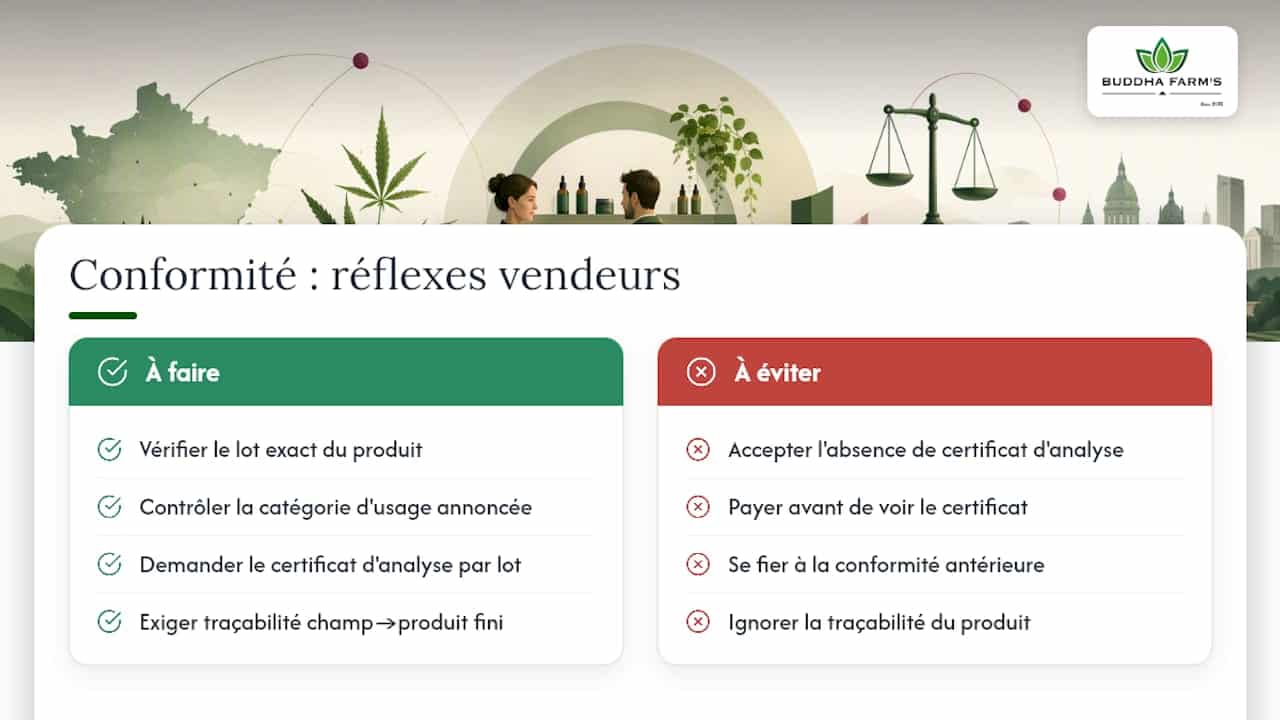 Légalité du CBD en France en 2026 : ce que dit la loi 2 Conformité et bonnes pratiques : le regard d'un vendeur du secteur — overview diagram