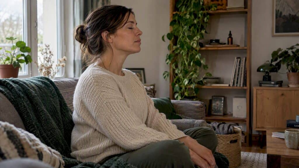 Femme respirant paisiblement avec de l’huile de CBD