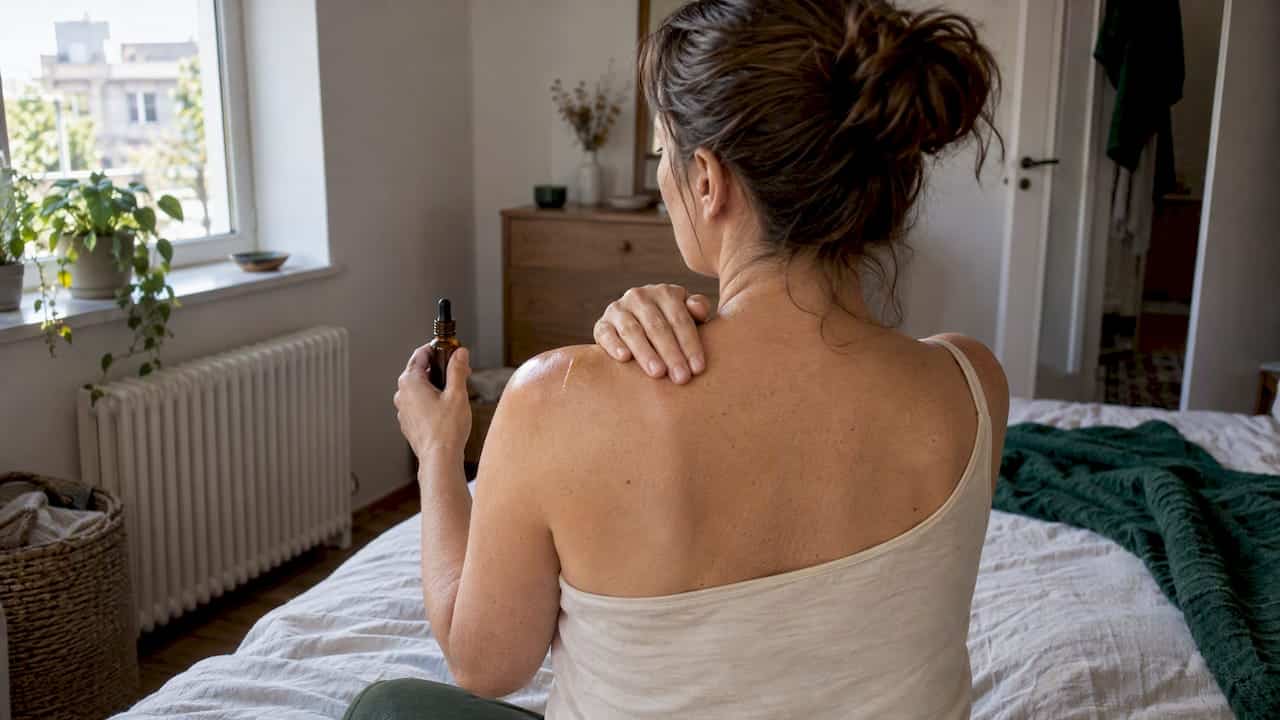 Femme se massant l'épaule avec une huile au CBD