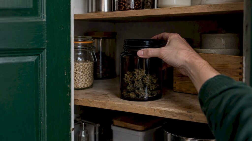 Fleurs de CBD stockées dans un bocal en verre teinté