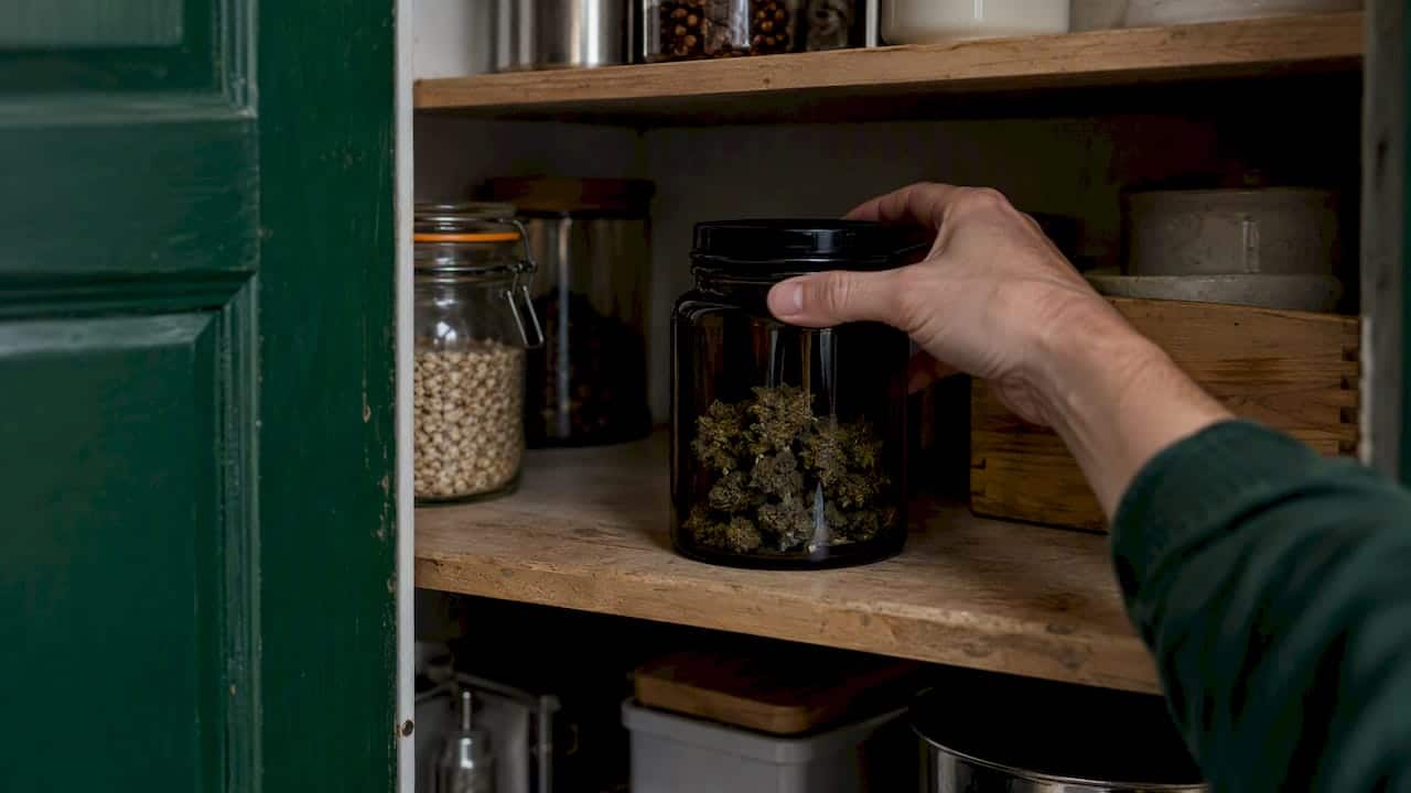 Fleurs de CBD stockées dans un bocal en verre teinté