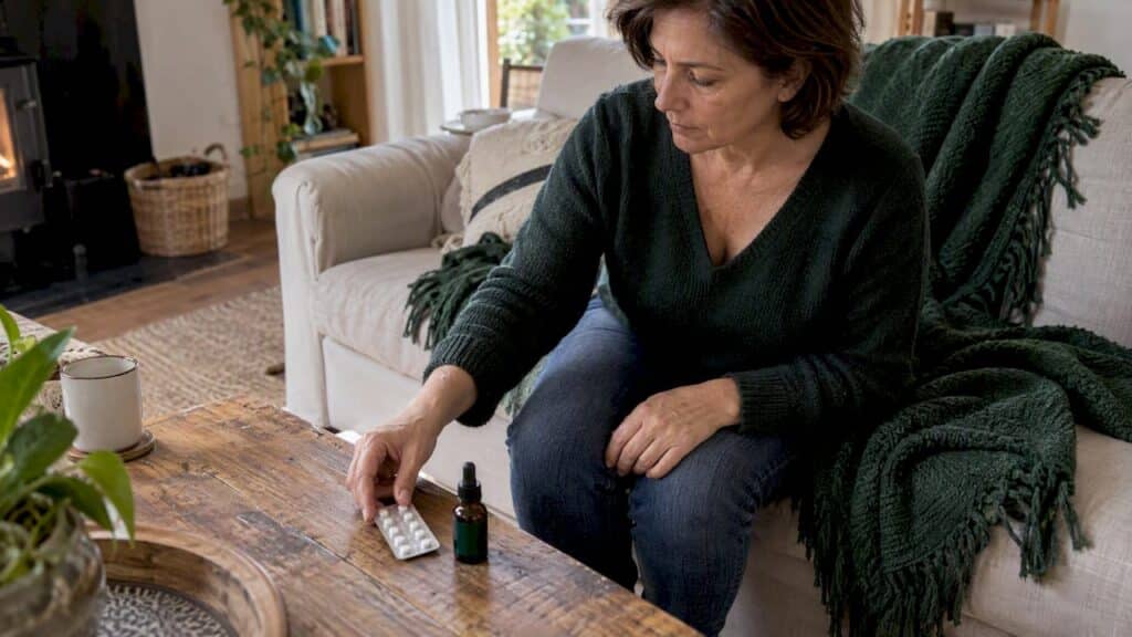 Un flacon de CBD posé à côté d’un médicament