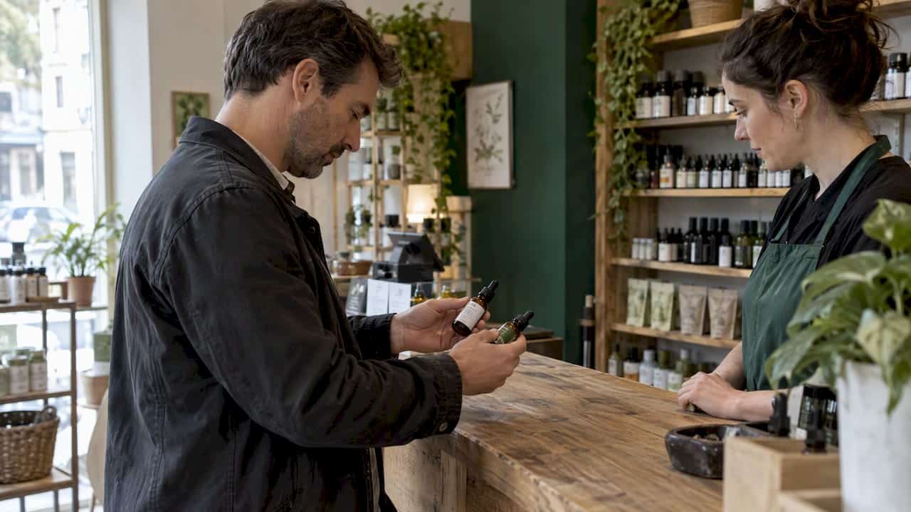 Un client qui compare deux flacons d’huile de CBD