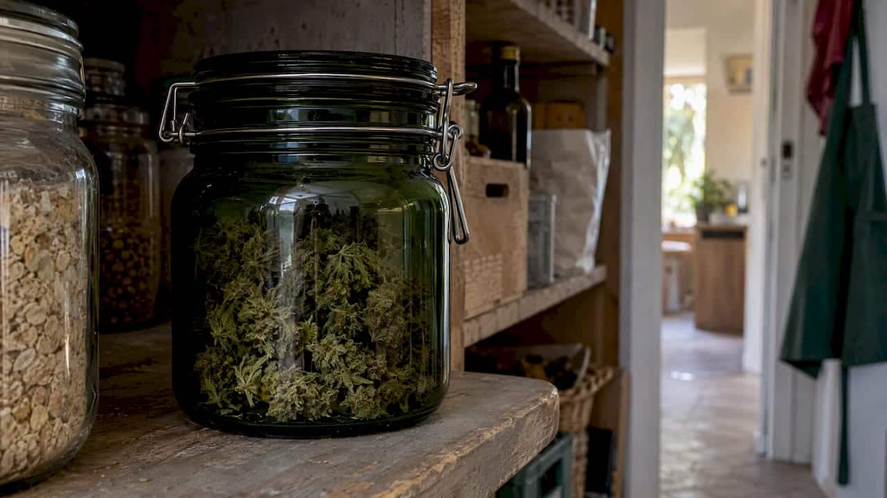 Fleurs de chanvre stockées dans un bocal teinté