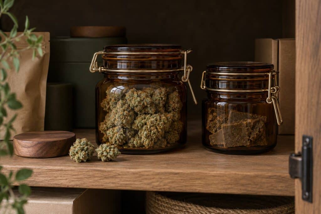 Réussissez la conservation du CBD : bocaux, lumière, chaleur, humidité et erreurs à éviter pour préserver vos fleurs et résines avec Buddha Farm’s.